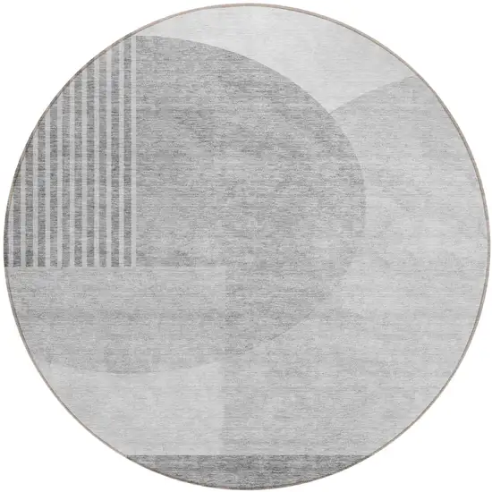 8' Gray Silver And Ivory Round Geometric Washable Indoor Outdoor Area Rug Photo 2