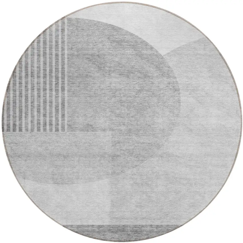 8' Gray Silver And Ivory Round Geometric Washable Indoor Outdoor Area Rug Photo 2