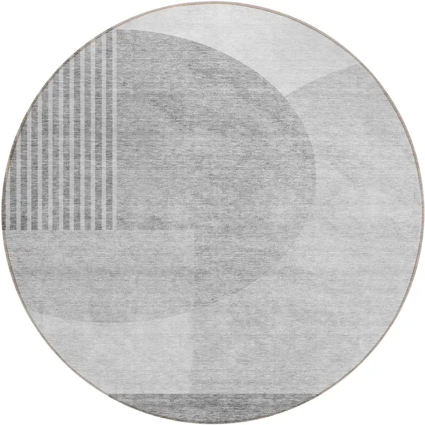 8' Gray Silver And Ivory Round Geometric Washable Indoor Outdoor Area Rug Photo 2