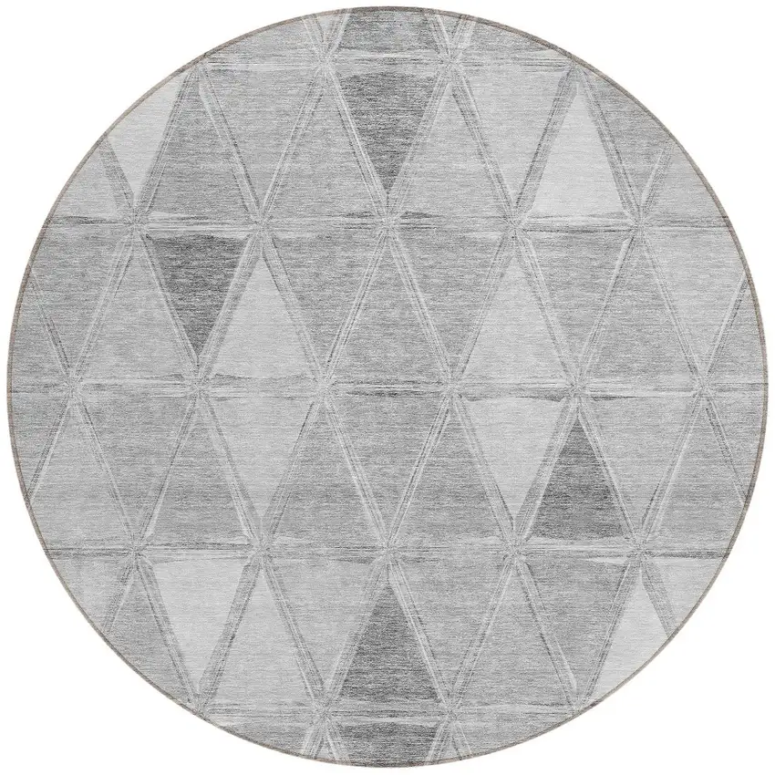 8' Gray Silver And Ivory Round Geometric Washable Indoor Outdoor Area Rug Photo 6