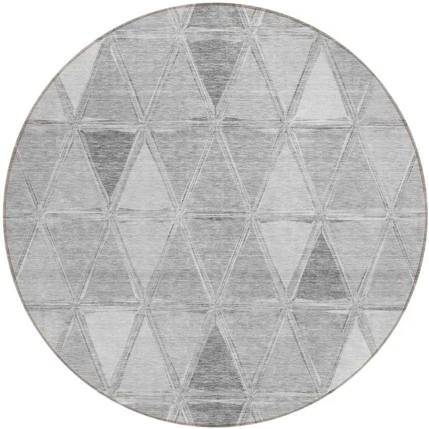 8' Gray Silver And Ivory Round Geometric Washable Indoor Outdoor Area Rug Photo 1