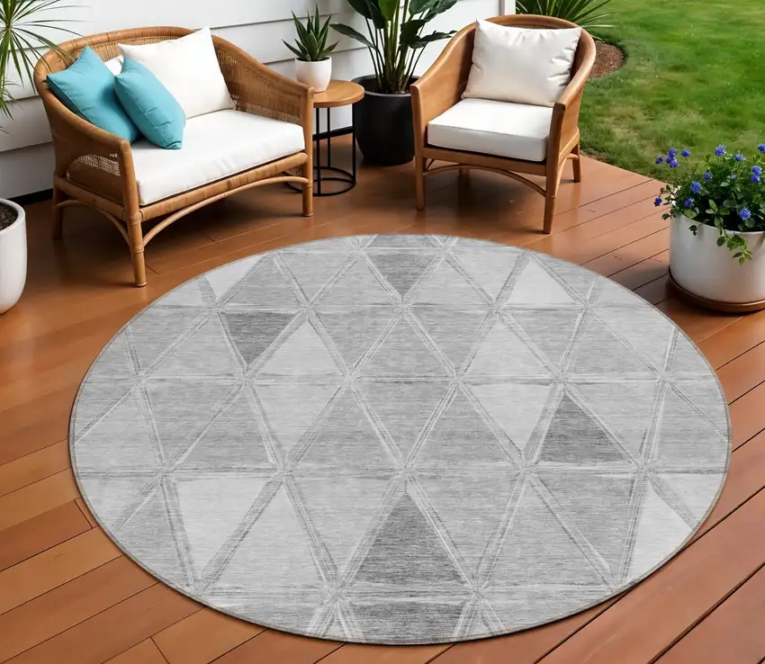 8' Gray Silver And Ivory Round Geometric Washable Indoor Outdoor Area Rug Photo 1