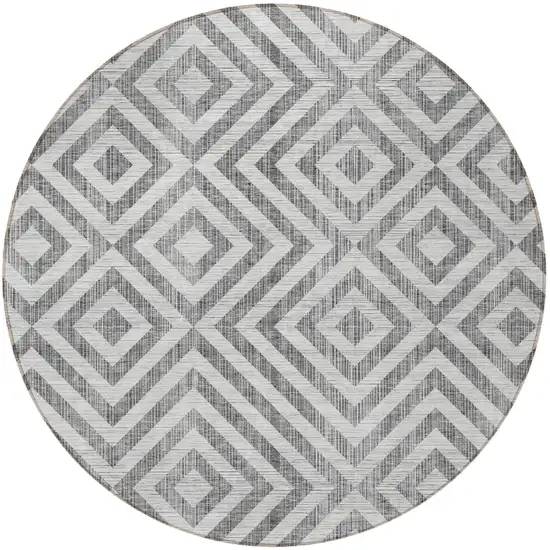 8' Gray Silver And Ivory Round Geometric Washable Indoor Outdoor Area Rug Photo 7