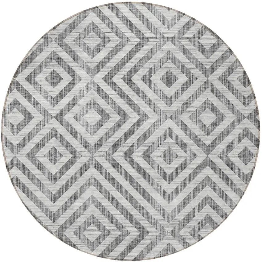 8' Gray Silver And Ivory Round Geometric Washable Indoor Outdoor Area Rug Photo 7