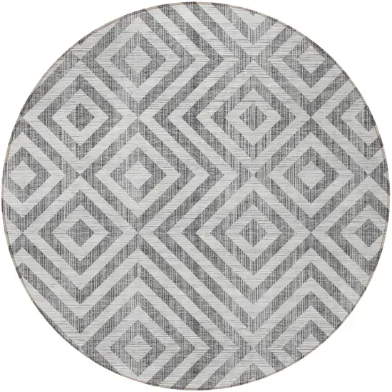 8' Gray Silver And Ivory Round Geometric Washable Indoor Outdoor Area Rug Photo 7