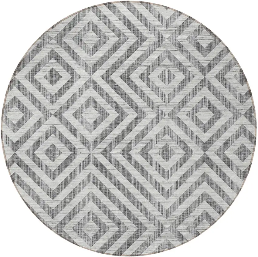 8' Gray Silver And Ivory Round Geometric Washable Indoor Outdoor Area Rug Photo 7