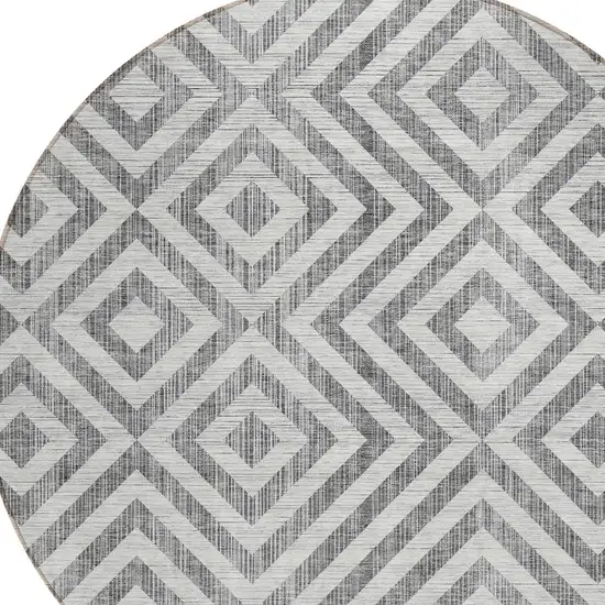 8' Gray Silver And Ivory Round Geometric Washable Indoor Outdoor Area Rug Photo 5