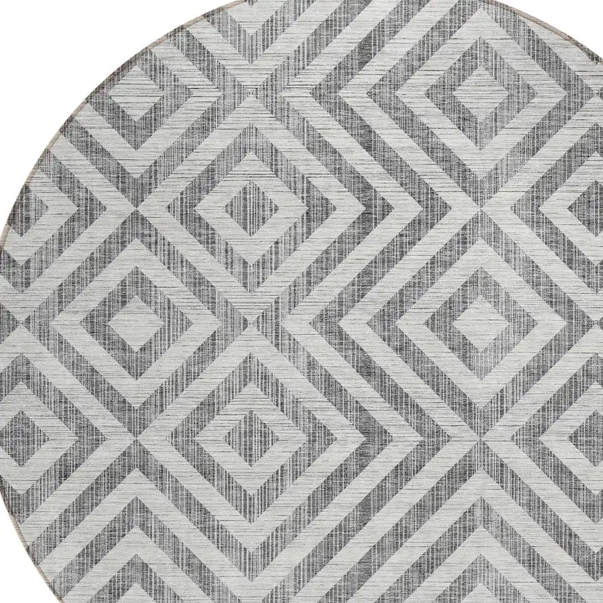 8' Gray Silver And Ivory Round Geometric Washable Indoor Outdoor Area Rug Photo 5