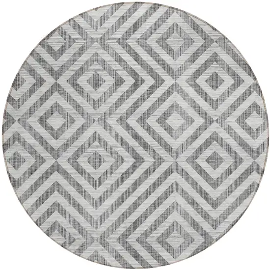8' Gray Silver And Ivory Round Geometric Washable Indoor Outdoor Area Rug Photo 2