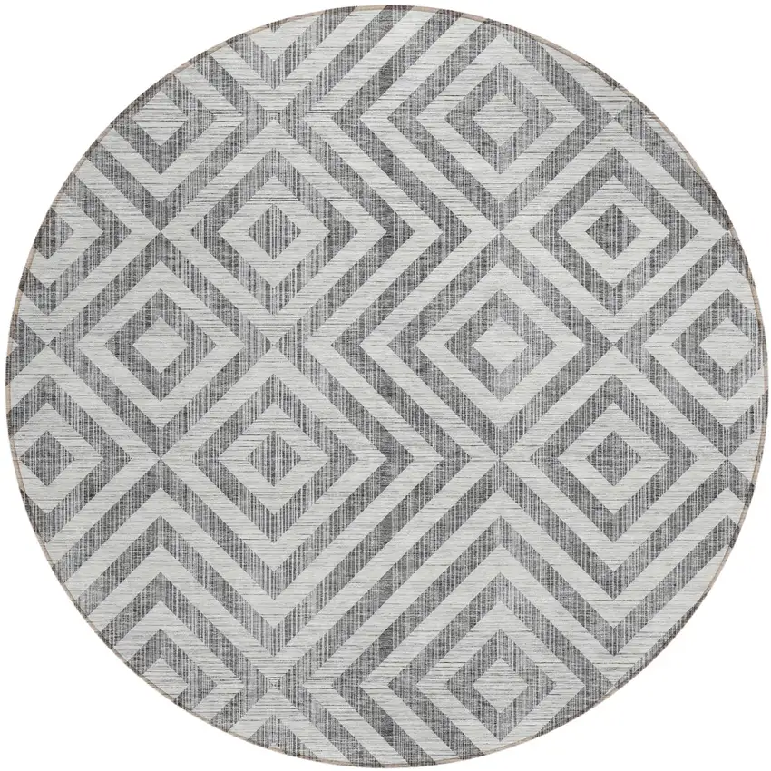 8' Gray Silver And Ivory Round Geometric Washable Indoor Outdoor Area Rug Photo 2