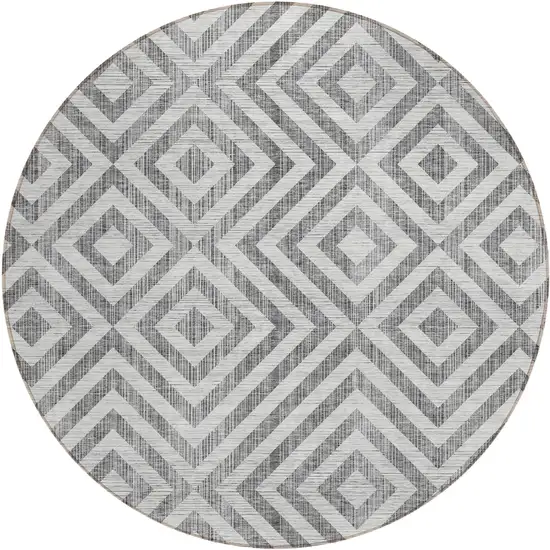 8' Gray Silver And Ivory Round Geometric Washable Indoor Outdoor Area Rug Photo 2