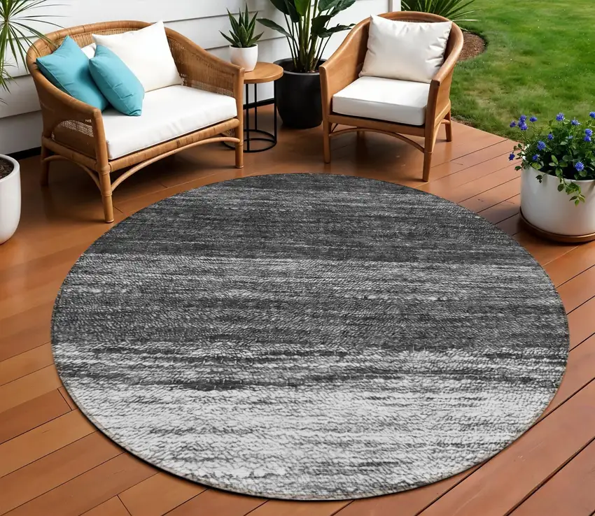 8' Gray Silver And Ivory Round Ombre Washable Indoor Outdoor Area Rug Photo 1