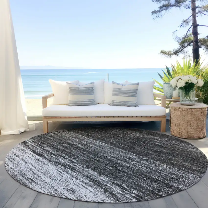 8' Gray Silver And Ivory Round Ombre Washable Indoor Outdoor Area Rug Photo 6