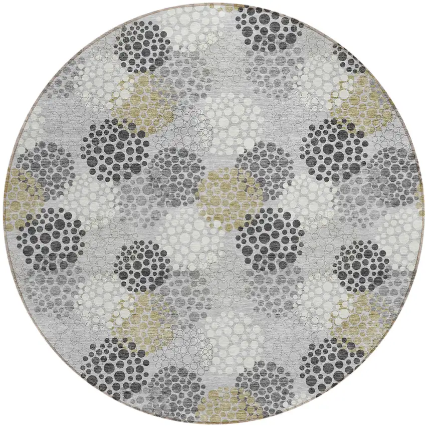 8' Gray Silver And Ivory Round Polka Dot Washable Indoor Outdoor Area Rug Photo 2