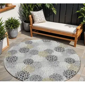 Photo of 8' Gray Silver And Ivory Round Polka Dot Washable Indoor Outdoor Area Rug