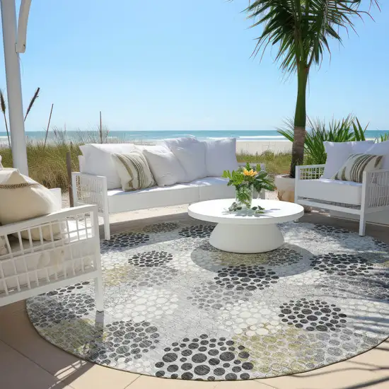 8' Gray Silver And Ivory Round Polka Dot Washable Indoor Outdoor Area Rug Photo 7