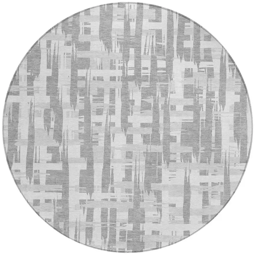 8' Gray Silver And Ivory Round Striped Washable Indoor Outdoor Area Rug Photo 3