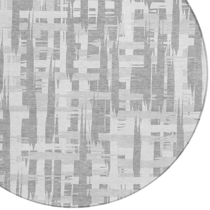 8' Gray Silver And Ivory Round Striped Washable Indoor Outdoor Area Rug Photo 8