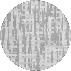 Photo of 8' Gray Silver And Ivory Round Striped Washable Indoor Outdoor Area Rug