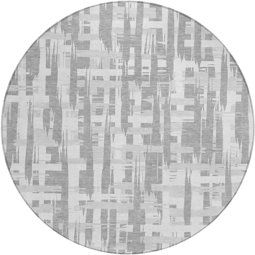 8' Gray Silver And Ivory Round Striped Washable Indoor Outdoor Area Rug Photo 1