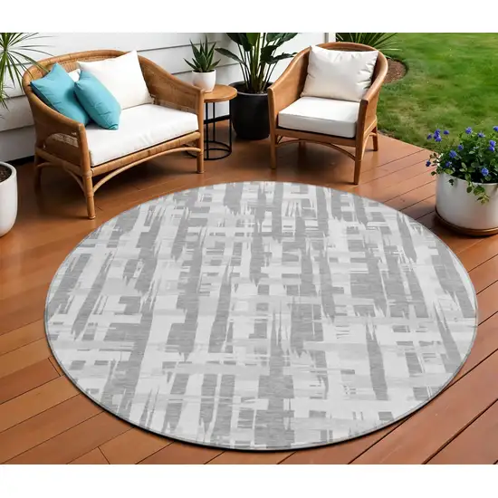 8' Gray Silver And Ivory Round Striped Washable Indoor Outdoor Area Rug Photo 2