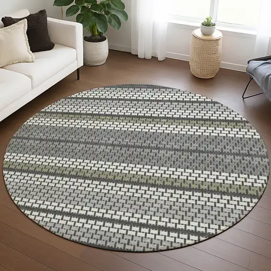 8' Gray Silver And Ivory Round Striped Washable Indoor Outdoor Area Rug Photo 5