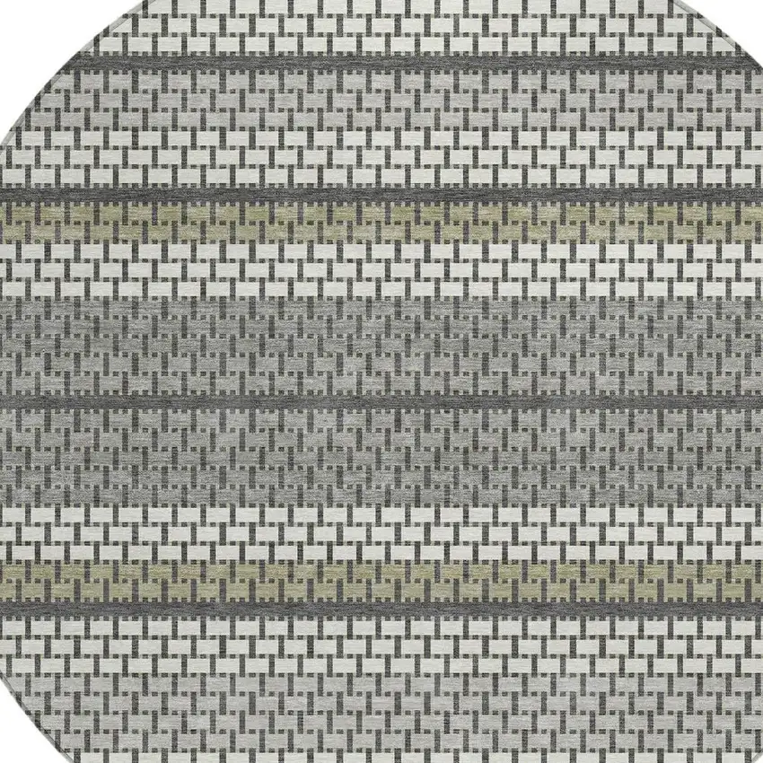 8' Gray Silver And Ivory Round Striped Washable Indoor Outdoor Area Rug Photo 2