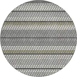 Photo of 8' Gray Silver And Ivory Round Striped Washable Indoor Outdoor Area Rug