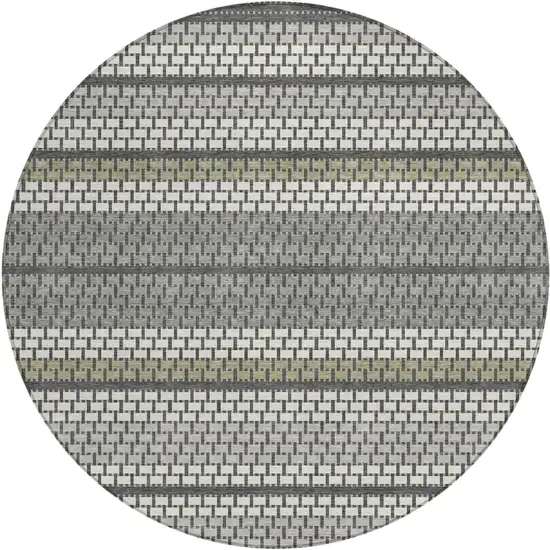 8' Gray Silver And Ivory Round Striped Washable Indoor Outdoor Area Rug Photo 1