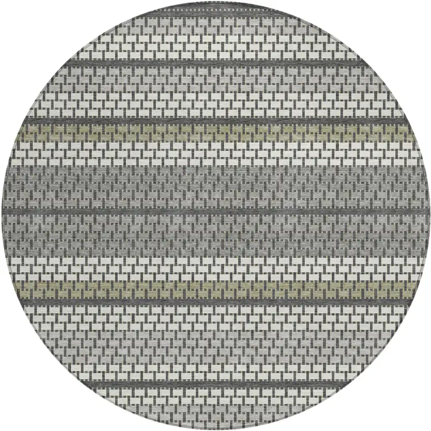 8' Gray Silver And Ivory Round Striped Washable Indoor Outdoor Area Rug Photo 1