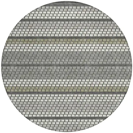 8' Gray Silver And Ivory Round Striped Washable Indoor Outdoor Area Rug Photo 3