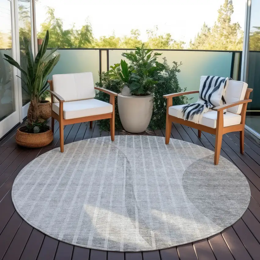 8' Gray Silver And Ivory Round Striped Washable Indoor Outdoor Area Rug Photo 6