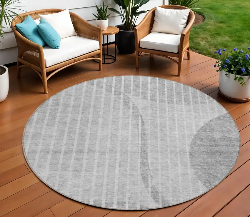 8' Gray Silver And Ivory Round Striped Washable Indoor Outdoor Area Rug Photo 1
