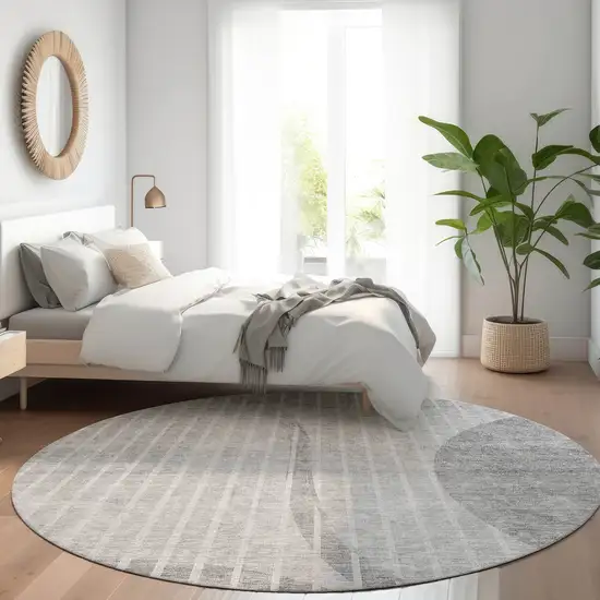 8' Gray Silver And Ivory Round Striped Washable Indoor Outdoor Area Rug Photo 7