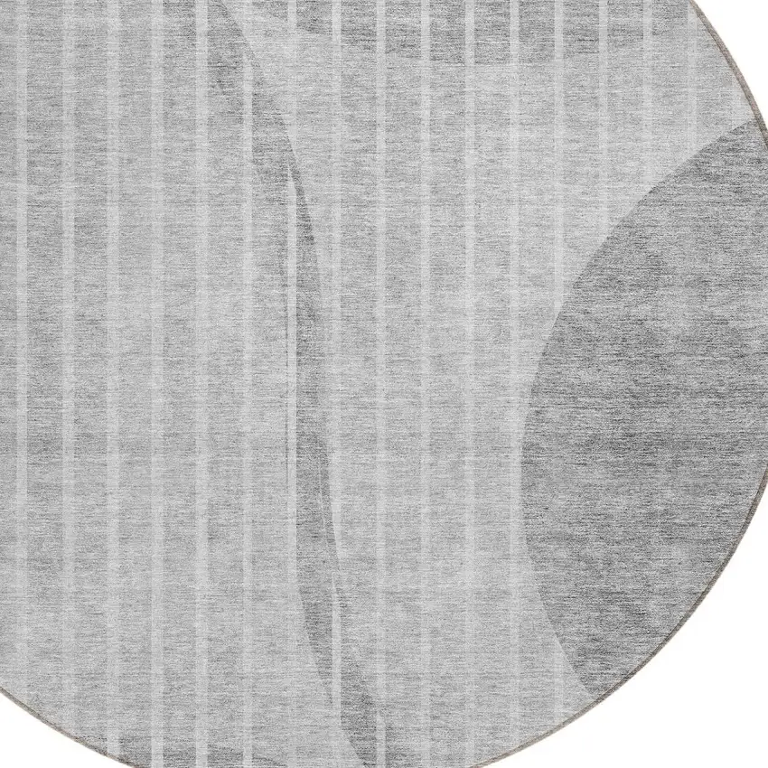 8' Gray Silver And Ivory Round Striped Washable Indoor Outdoor Area Rug Photo 4