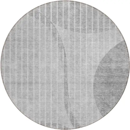 8' Gray Silver And Ivory Round Striped Washable Indoor Outdoor Area Rug Photo 1