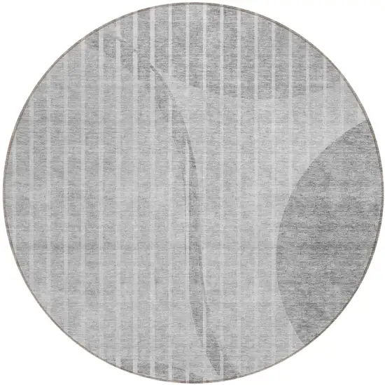 8' Gray Silver And Ivory Round Striped Washable Indoor Outdoor Area Rug Photo 1