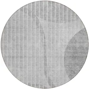 Photo of 8' Gray Silver And Ivory Round Striped Washable Indoor Outdoor Area Rug