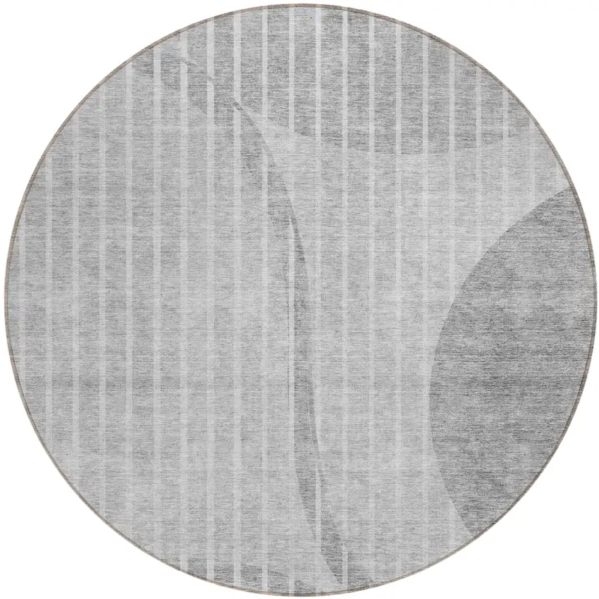 8' Gray Silver And Ivory Round Striped Washable Indoor Outdoor Area Rug Photo 1