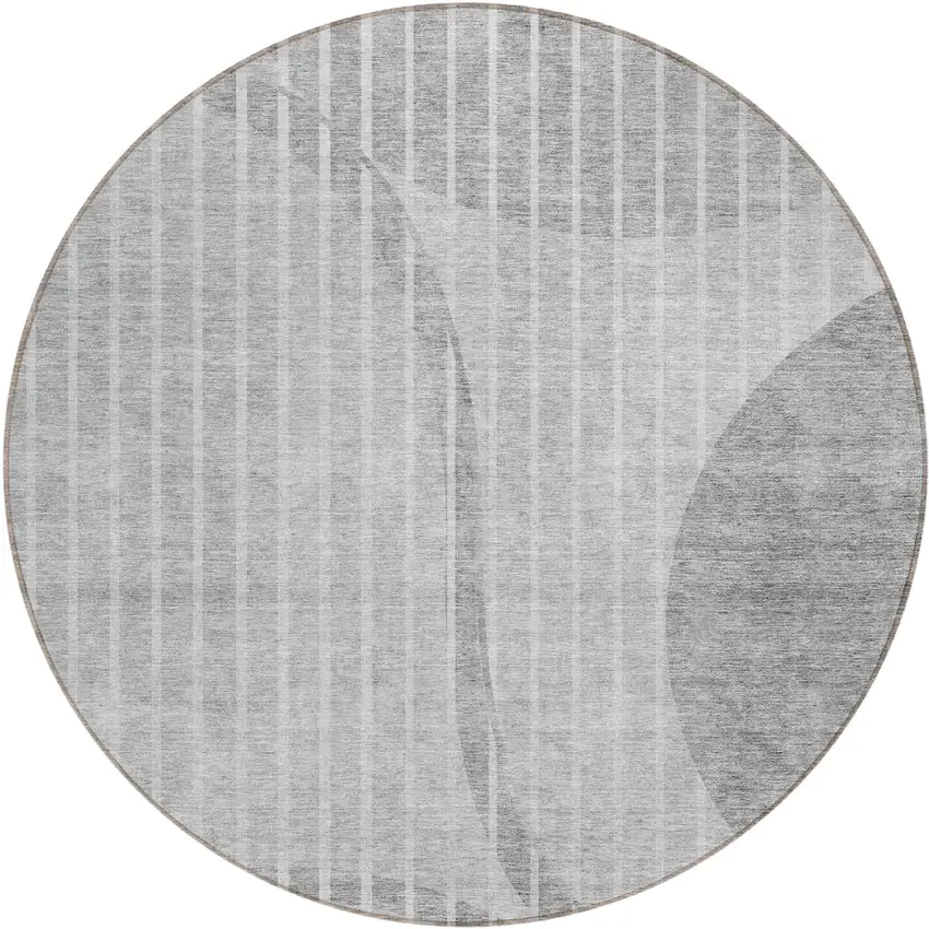 8' Gray Silver And Ivory Round Striped Washable Indoor Outdoor Area Rug Photo 1