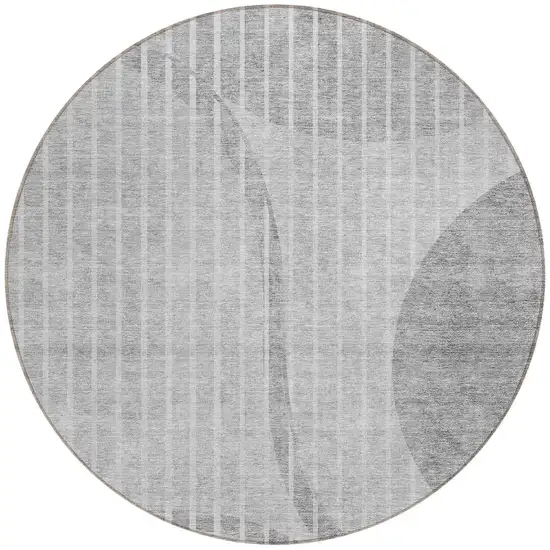 8' Gray Silver And Ivory Round Striped Washable Indoor Outdoor Area Rug Photo 6