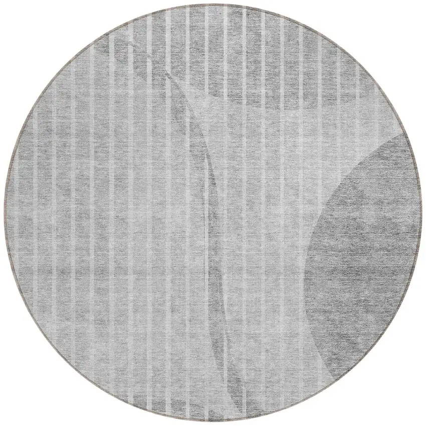 8' Gray Silver And Ivory Round Striped Washable Indoor Outdoor Area Rug Photo 6