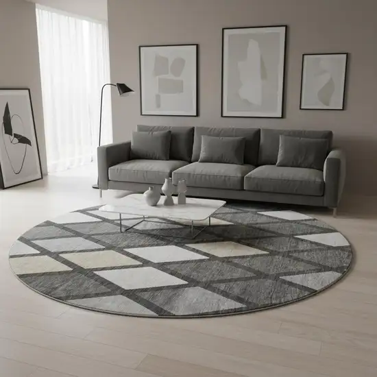 8' Gray Silver And Tan Geometric Washable Round Rug With UV Protection Photo 2