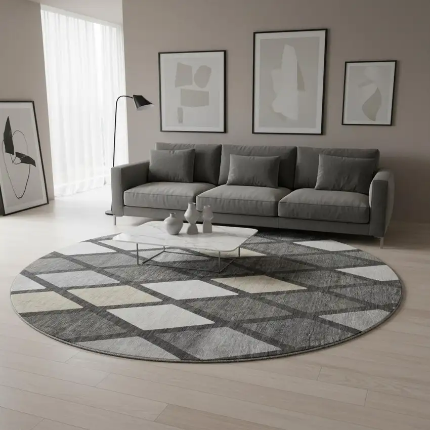 8' Gray Silver And Tan Geometric Washable Round Rug With UV Protection Photo 2
