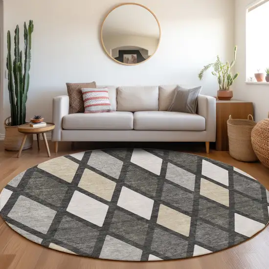 8' Gray Silver And Tan Geometric Washable Round Rug With UV Protection Photo 5