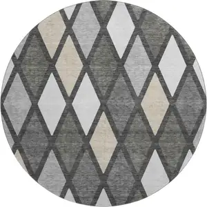 Photo of 8' Gray Silver And Tan Geometric Washable Round Rug With UV Protection
