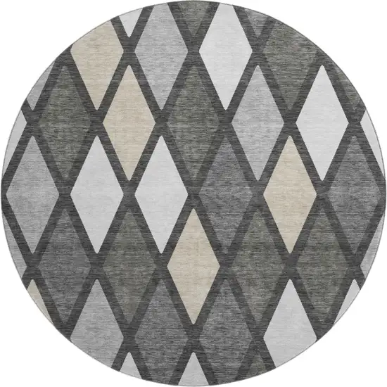 8' Gray Silver And Tan Geometric Washable Round Rug With UV Protection Photo 1