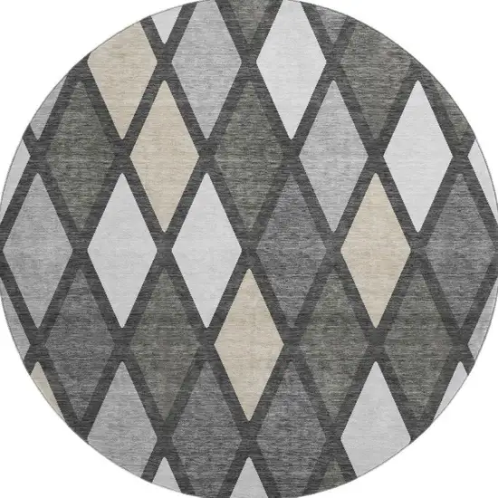 8' Gray Silver And Tan Geometric Washable Round Rug With UV Protection Photo 4