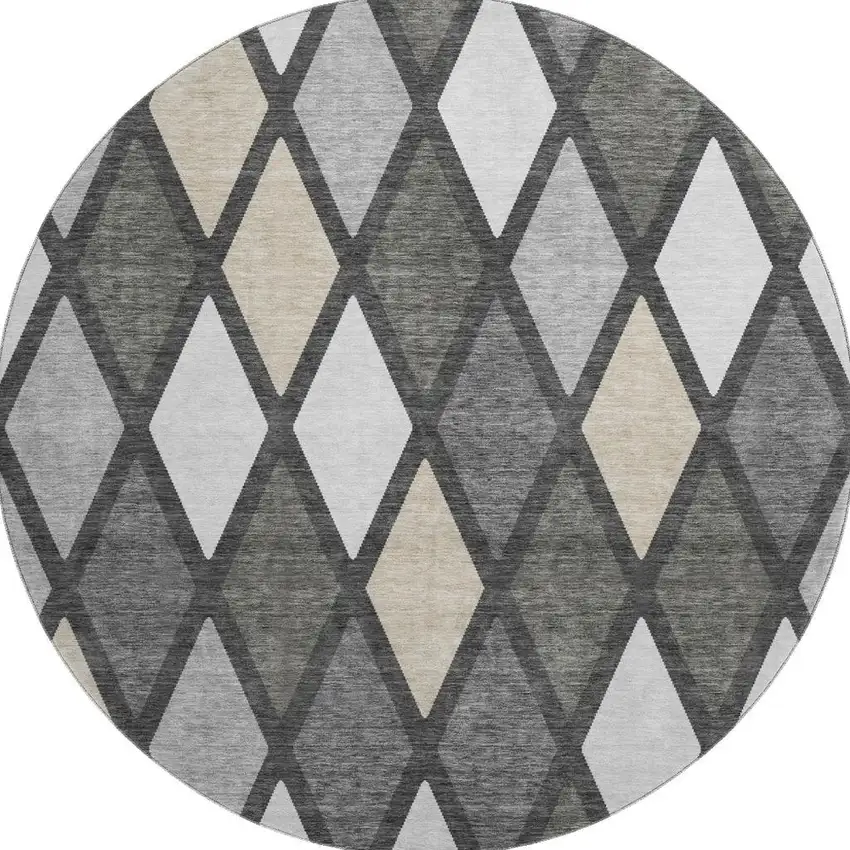 8' Gray Silver And Tan Geometric Washable Round Rug With UV Protection Photo 4