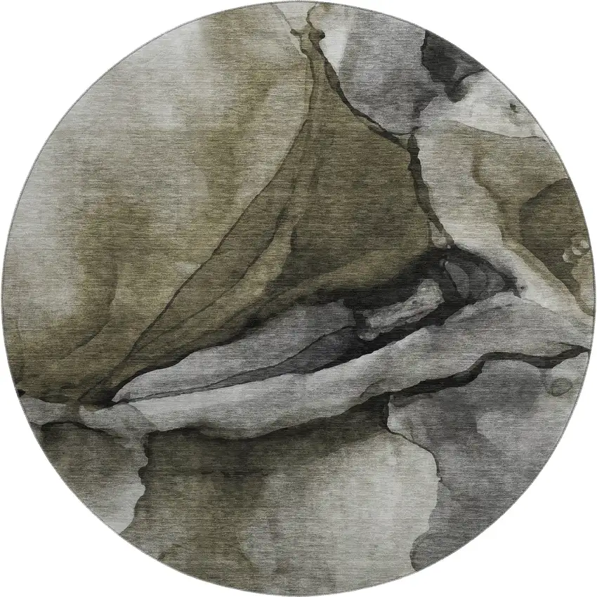 8' Gray Silver And Taupe Abstract Washable Round Rug With UV Protection Photo 1